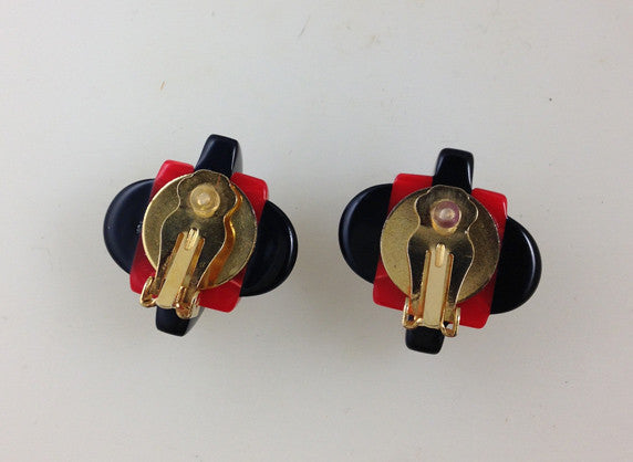 Deco Black and Red  Bakelite Clip Earrings